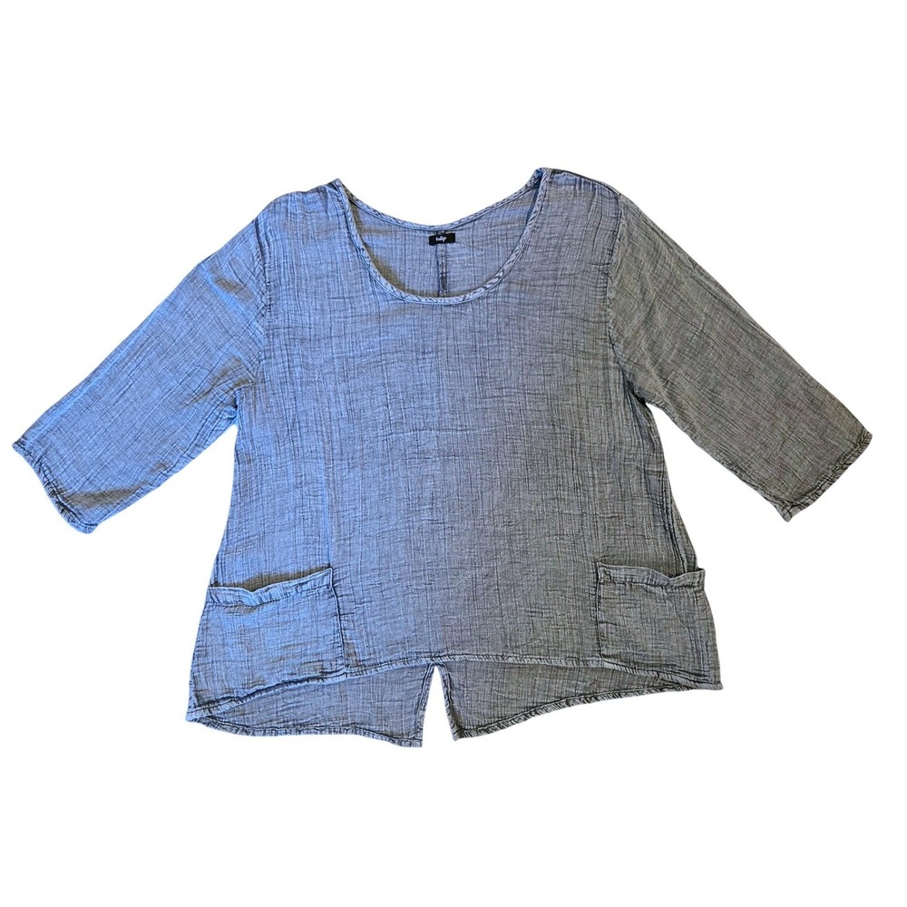 Tulip Artsy Teal/Grey Textured Cotton Gauze Tunic Top 3/4 Sleeve Pockets Size L